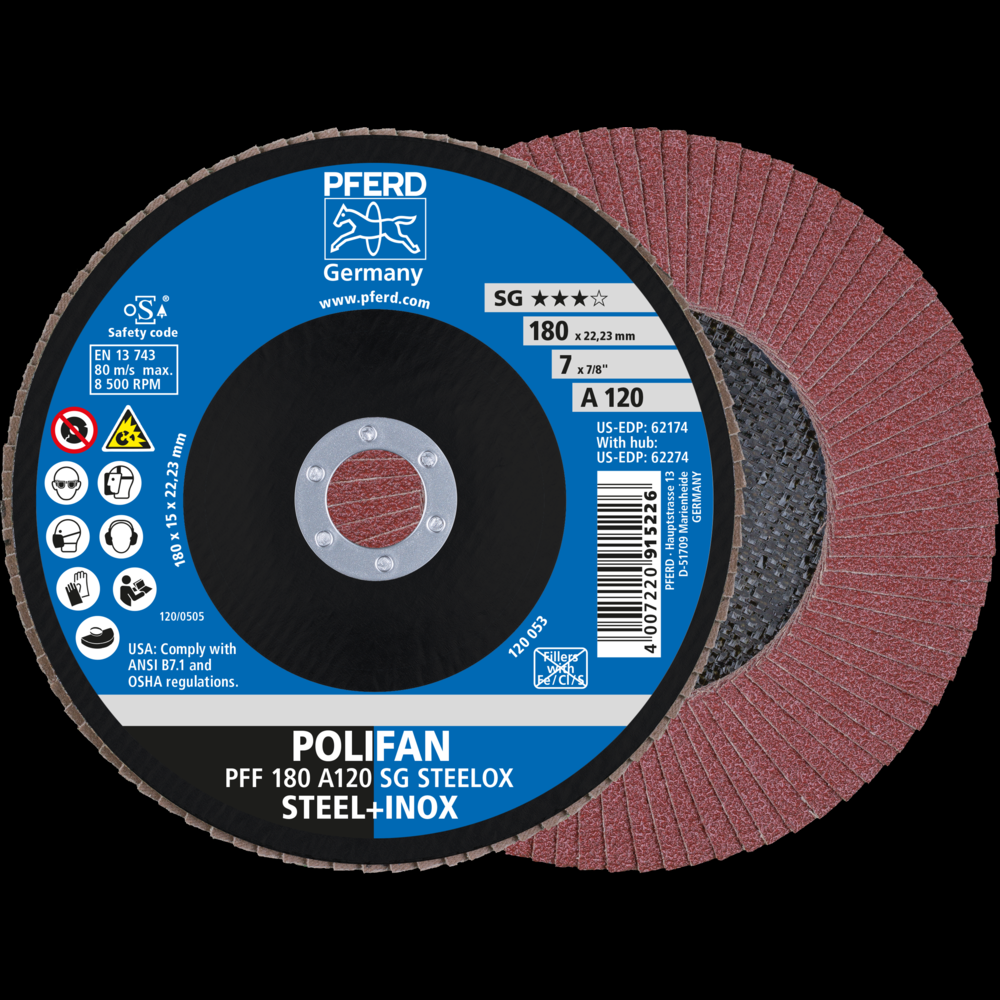 PFERD Flap Disc, 7&#34; x 7/8, A SG STEELOX, 120 Grit, T27, Flat, Aluminum oxide<span class=' ItemWarning' style='display:block;'>Item is usually in stock, but we&#39;ll be in touch if there&#39;s a problem<br /></span>