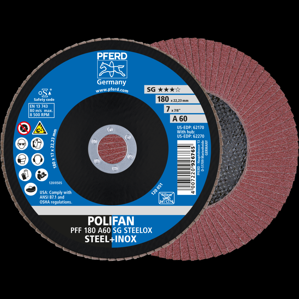 PFERD Flap Disc, 7&#34; x 7/8, A SG STEELOX, 60 Grit, T27, Flat, Aluminum oxide<span class=' ItemWarning' style='display:block;'>Item is usually in stock, but we&#39;ll be in touch if there&#39;s a problem<br /></span>