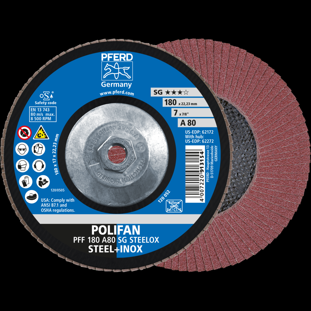 PFERD Flap Disc, 7&#34; x 5/8-11, A SG STEELOX, 80 Grit, T29, Conical, Aluminum oxide<span class=' ItemWarning' style='display:block;'>Item is usually in stock, but we&#39;ll be in touch if there&#39;s a problem<br /></span>