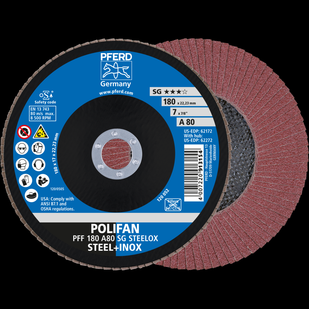 PFERD Flap Disc, 7&#34; x 7/8, A SG STEELOX, 80 Grit, T27, Flat, Aluminum oxide<span class=' ItemWarning' style='display:block;'>Item is usually in stock, but we&#39;ll be in touch if there&#39;s a problem<br /></span>