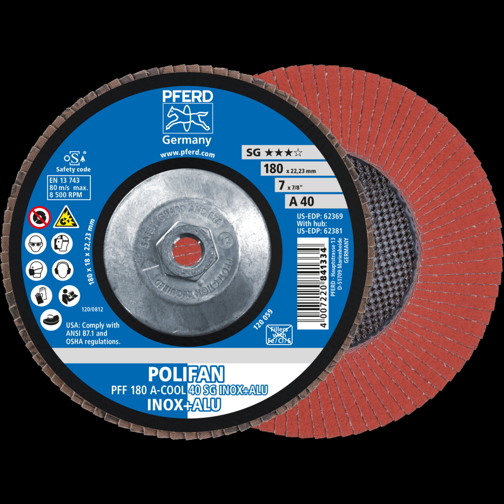 PFERD Flap Disc, 7&#34; x 5/8-11, A-COOL SG INOX+ALU, 40 Grit, T27, Flat, Aluminum oxide<span class=' ItemWarning' style='display:block;'>Item is usually in stock, but we&#39;ll be in touch if there&#39;s a problem<br /></span>