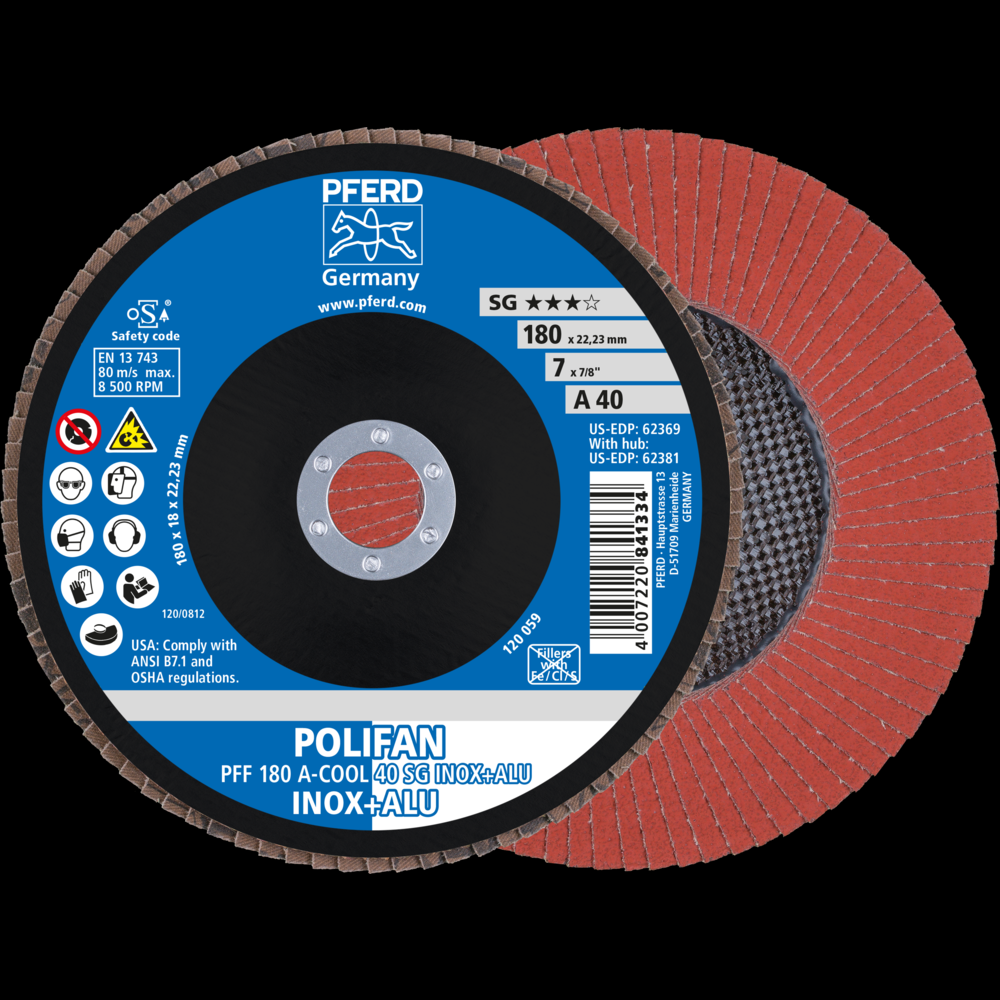 PFERD Flap Disc, 7&#34; x 7/8, A-COOL SG INOX+ALU, 40 Grit, T27, Flat, Aluminum oxide<span class=' ItemWarning' style='display:block;'>Item is usually in stock, but we&#39;ll be in touch if there&#39;s a problem<br /></span>