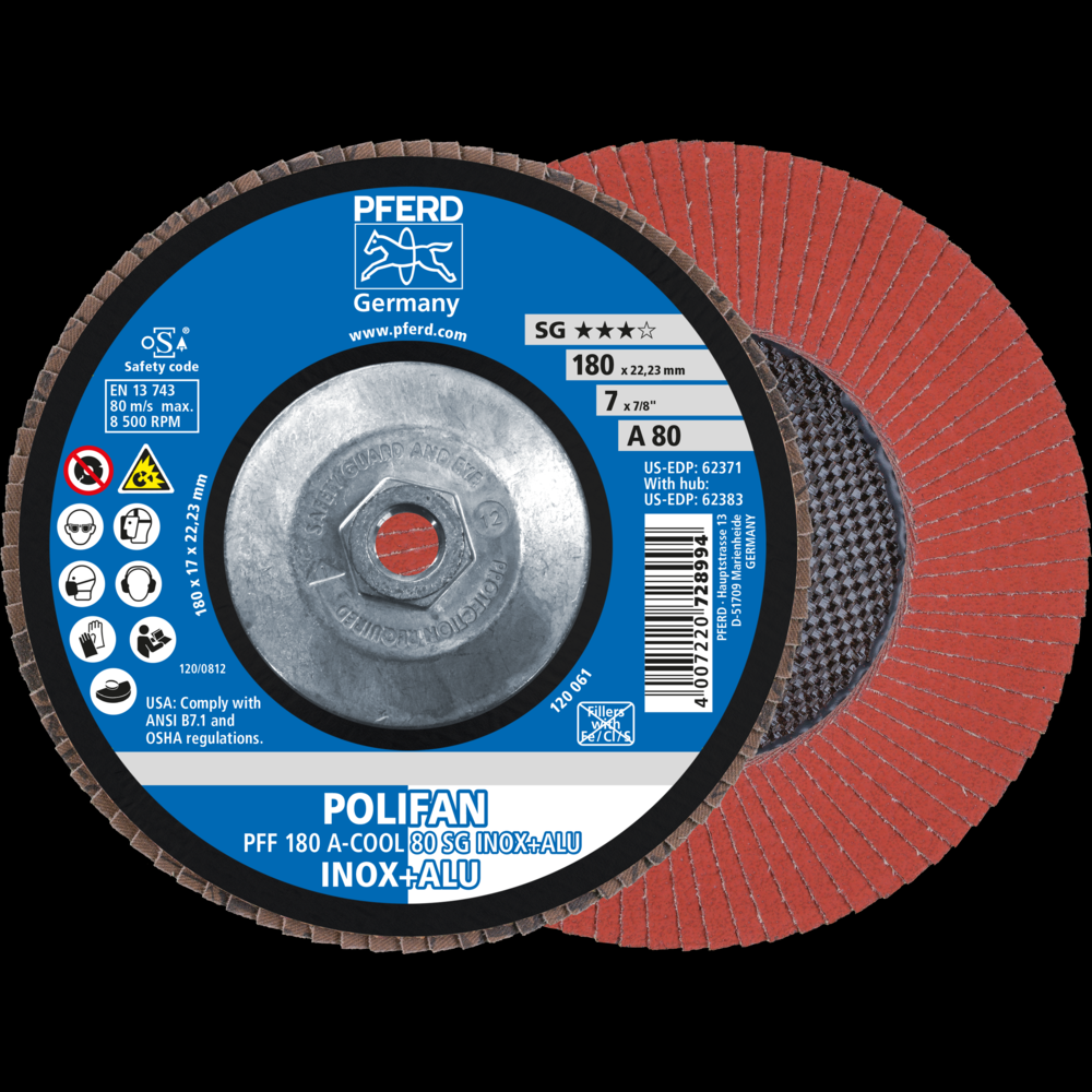 PFERD Flap Disc, 7&#34; x 5/8-11, A-COOL SG INOX+ALU, 80 Grit, T27, Flat, Aluminum oxide<span class=' ItemWarning' style='display:block;'>Item is usually in stock, but we&#39;ll be in touch if there&#39;s a problem<br /></span>