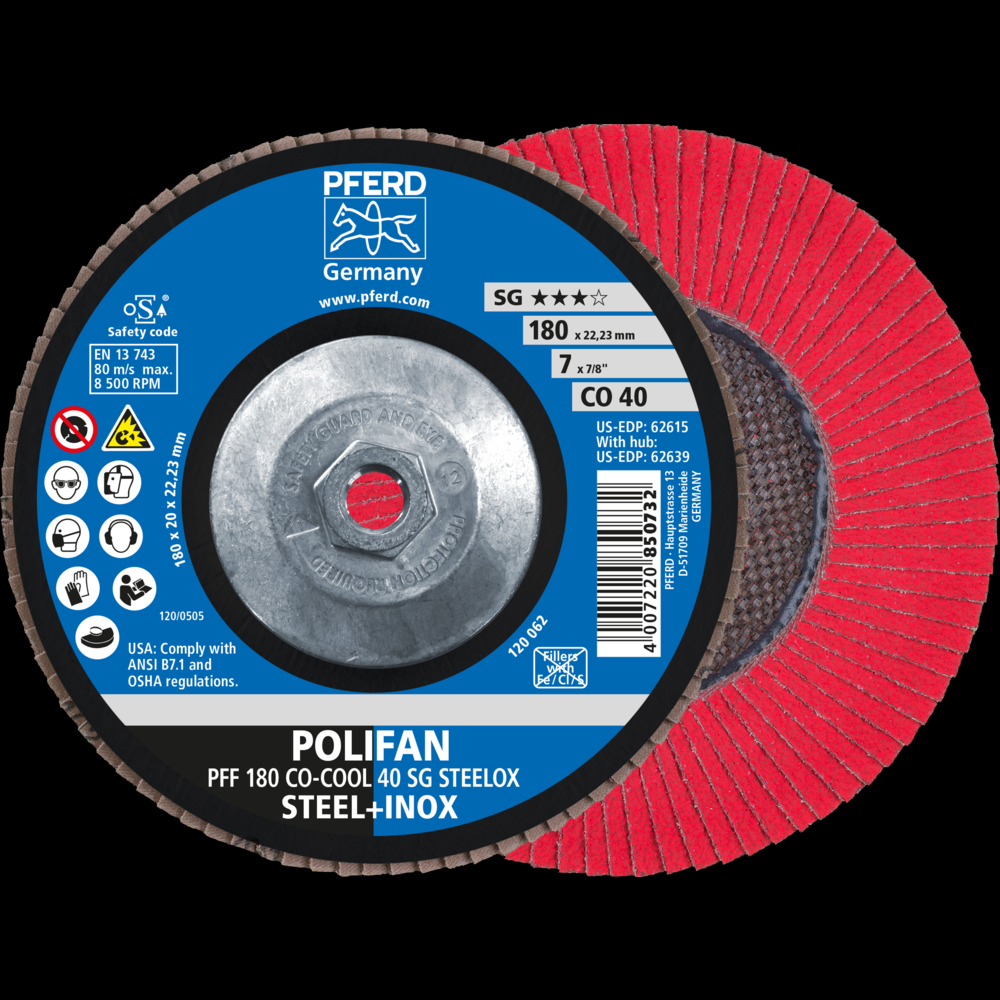 PFERD Flap Disc, 7&#34; x 5/8-11, CO-COOL SG STEELOX, 40 Grit, T27, Flat, Ceramic oxide<span class=' ItemWarning' style='display:block;'>Item is usually in stock, but we&#39;ll be in touch if there&#39;s a problem<br /></span>