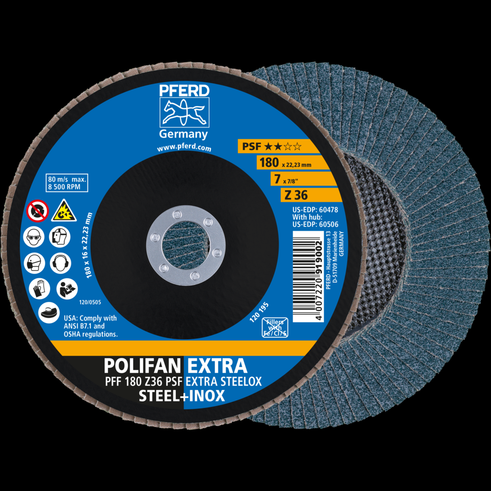 PFERD Flap Disc, 7&#34; x 7/8, Z PSF EXTRA STEELOX, 36 Grit, T27, Flat, Zirconia<span class=' ItemWarning' style='display:block;'>Item is usually in stock, but we&#39;ll be in touch if there&#39;s a problem<br /></span>