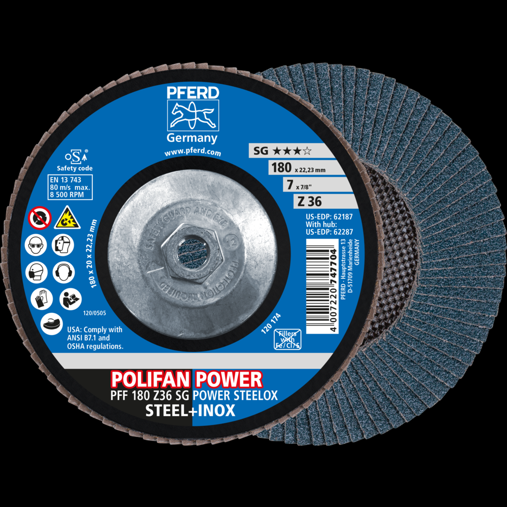 PFERD Flap Disc, 7&#34; x 5/8-11, Z SG POWER STEELOX, 36 Grit, T27, Flat, Zirconia<span class=' ItemWarning' style='display:block;'>Item is usually in stock, but we&#39;ll be in touch if there&#39;s a problem<br /></span>