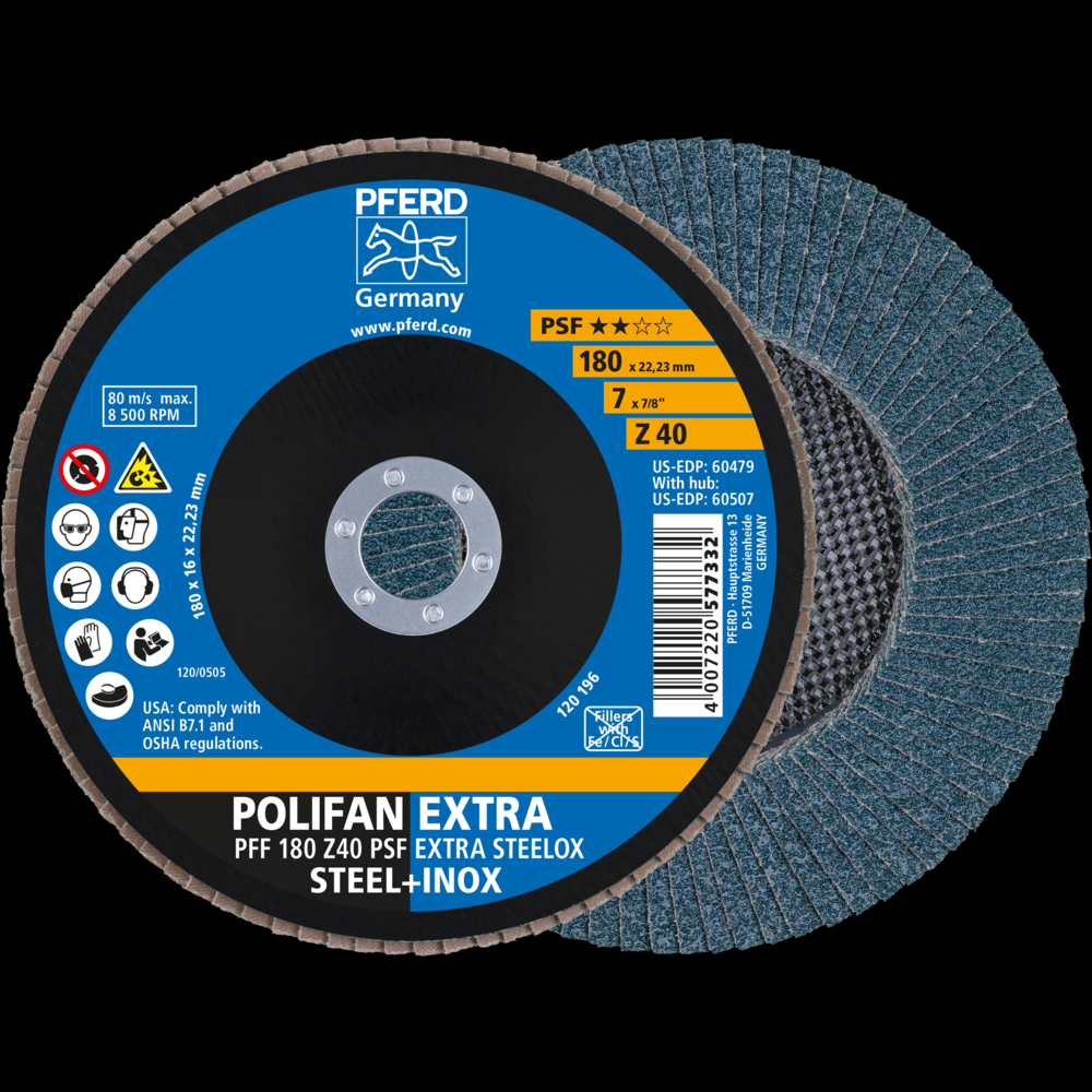 PFERD Flap Disc, 7&#34; x 7/8, Z PSF EXTRA STEELOX, 40 Grit, T27, Flat, Zirconia<span class=' ItemWarning' style='display:block;'>Item is usually in stock, but we&#39;ll be in touch if there&#39;s a problem<br /></span>