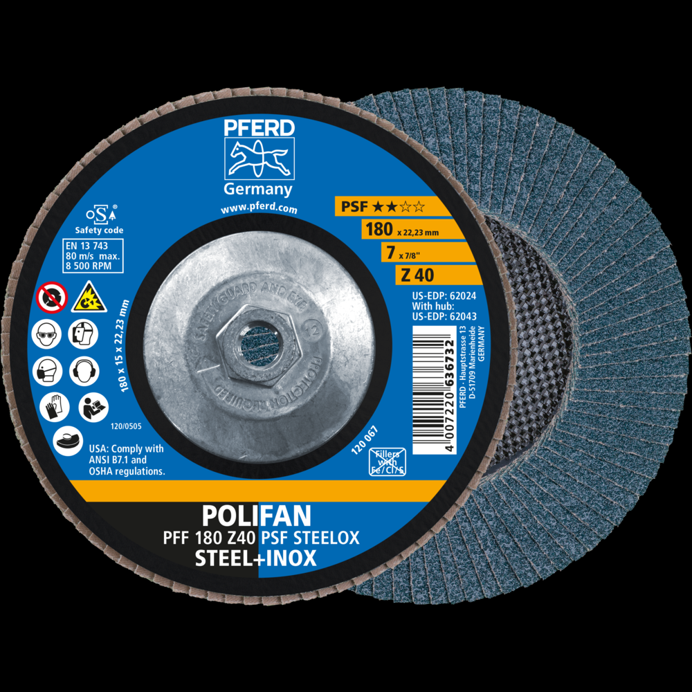 PFERD Flap Disc, 7&#34; x 5/8-11, Z PSF STEELOX, 40 Grit, T27, Flat, Zirconia<span class=' ItemWarning' style='display:block;'>Item is usually in stock, but we&#39;ll be in touch if there&#39;s a problem<br /></span>