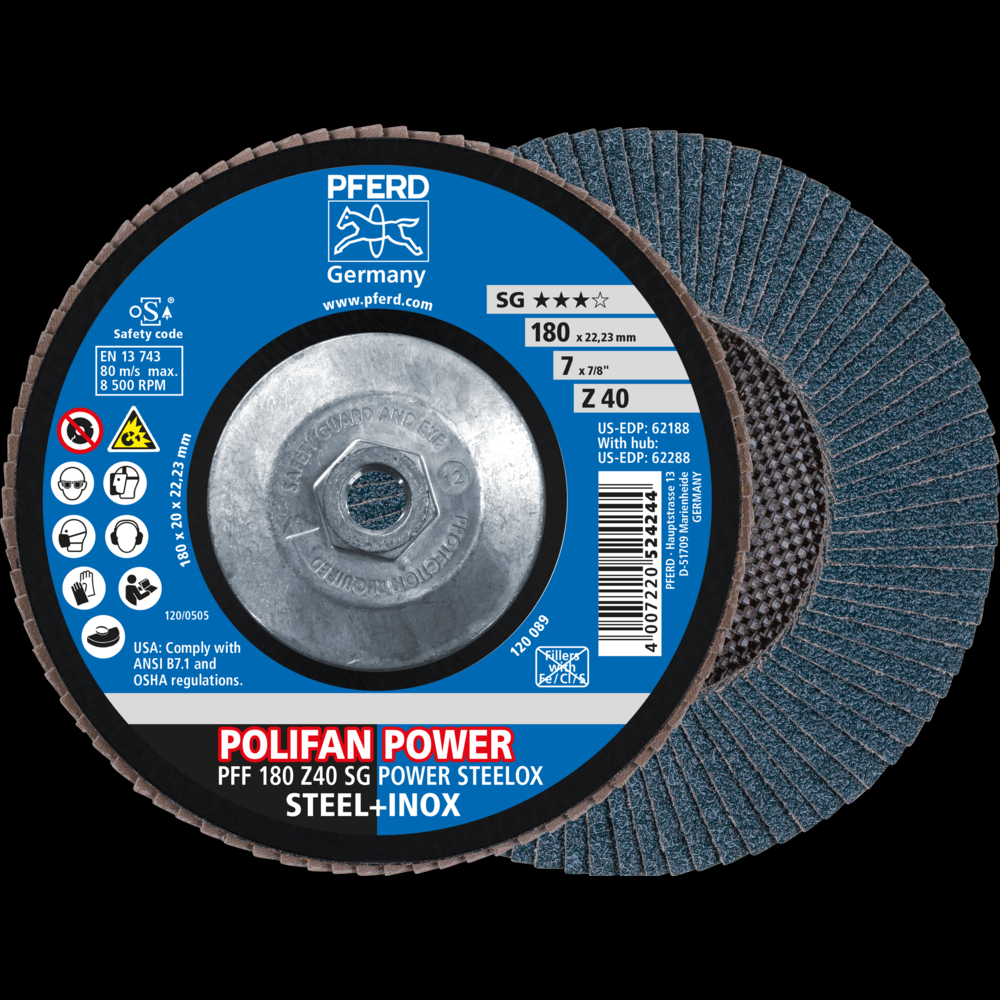 PFERD Flap Disc, 7&#34; x 5/8-11, Z SG POWER STEELOX, 40 Grit, T27, Flat, Zirconia<span class=' ItemWarning' style='display:block;'>Item is usually in stock, but we&#39;ll be in touch if there&#39;s a problem<br /></span>