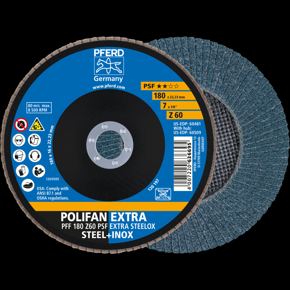 PFERD Flap Disc, 7&#34; x 7/8, Z PSF EXTRA STEELOX, 60 Grit, T27, Flat, Zirconia<span class=' ItemWarning' style='display:block;'>Item is usually in stock, but we&#39;ll be in touch if there&#39;s a problem<br /></span>