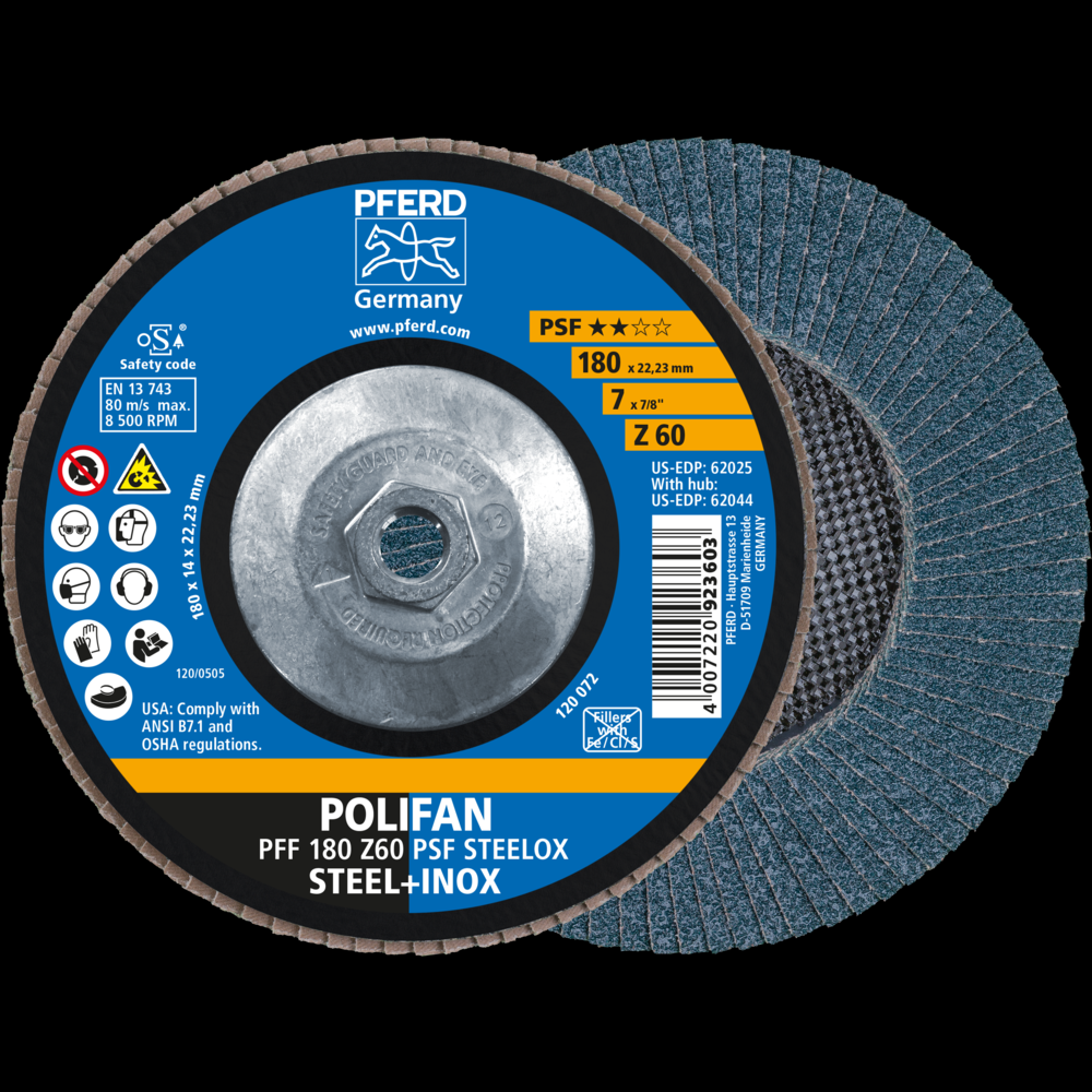 PFERD Flap Disc, 7&#34; x 5/8-11, Z PSF STEELOX, 60 Grit, T27, Flat, Zirconia<span class=' ItemWarning' style='display:block;'>Item is usually in stock, but we&#39;ll be in touch if there&#39;s a problem<br /></span>