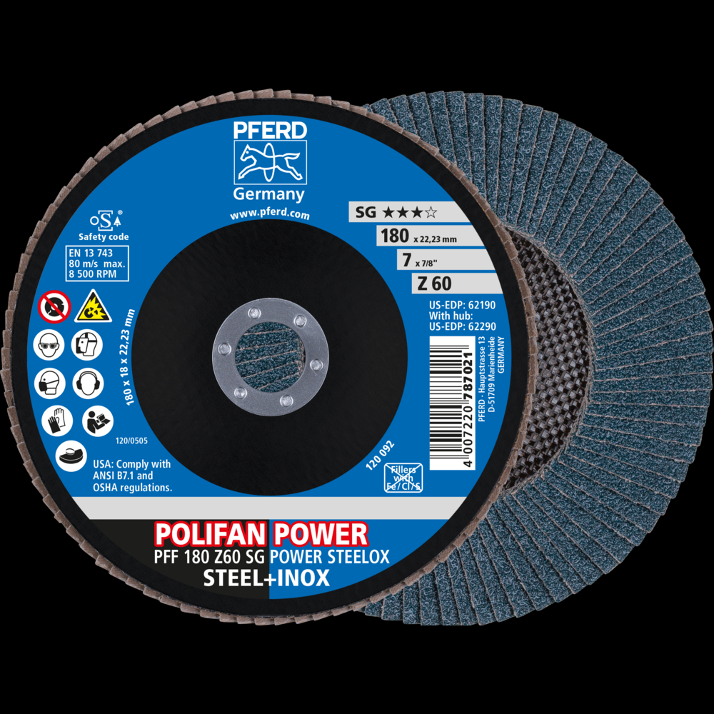 PFERD Flap Disc, 7&#34; x 7/8, Z SG POWER STEELOX, 60 Grit, T27, Flat, Zirconia<span class=' ItemWarning' style='display:block;'>Item is usually in stock, but we&#39;ll be in touch if there&#39;s a problem<br /></span>