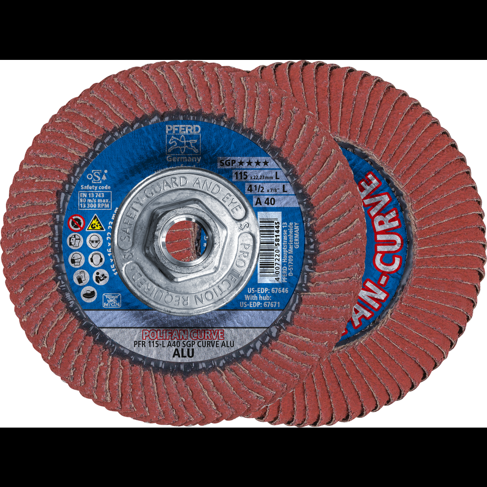 PFERD Flap Disc, 4-1/2&#34; x 5/8-11, A SGP CURVE ALU, 40 Grit,Large Radius,Aluminum Oxide<span class=' ItemWarning' style='display:block;'>Item is usually in stock, but we&#39;ll be in touch if there&#39;s a problem<br /></span>