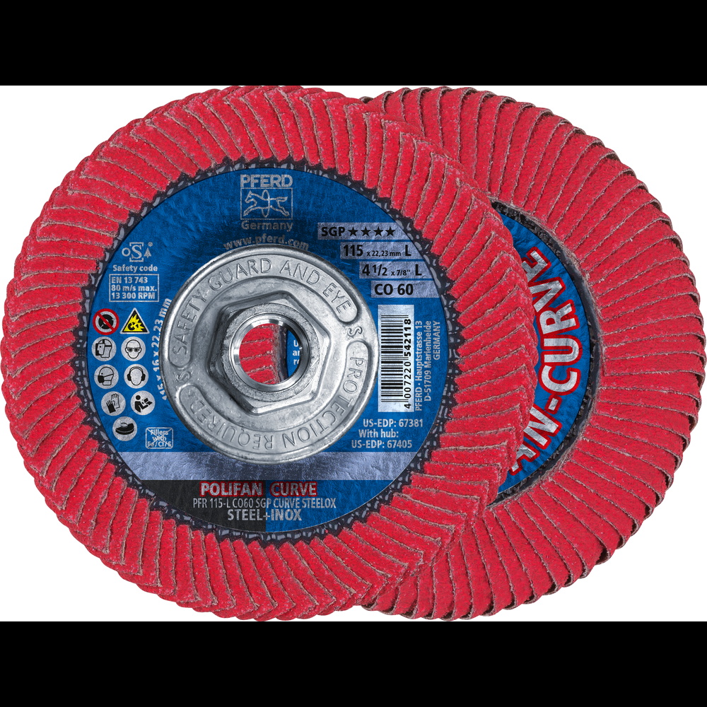 PFERD Flap Disc, 4-1/2&#34;x5/8-11,CO SGP CURVE STEELOX,60 Grit,Large Radius,Ceramic oxide<span class=' ItemWarning' style='display:block;'>Item is usually in stock, but we&#39;ll be in touch if there&#39;s a problem<br /></span>