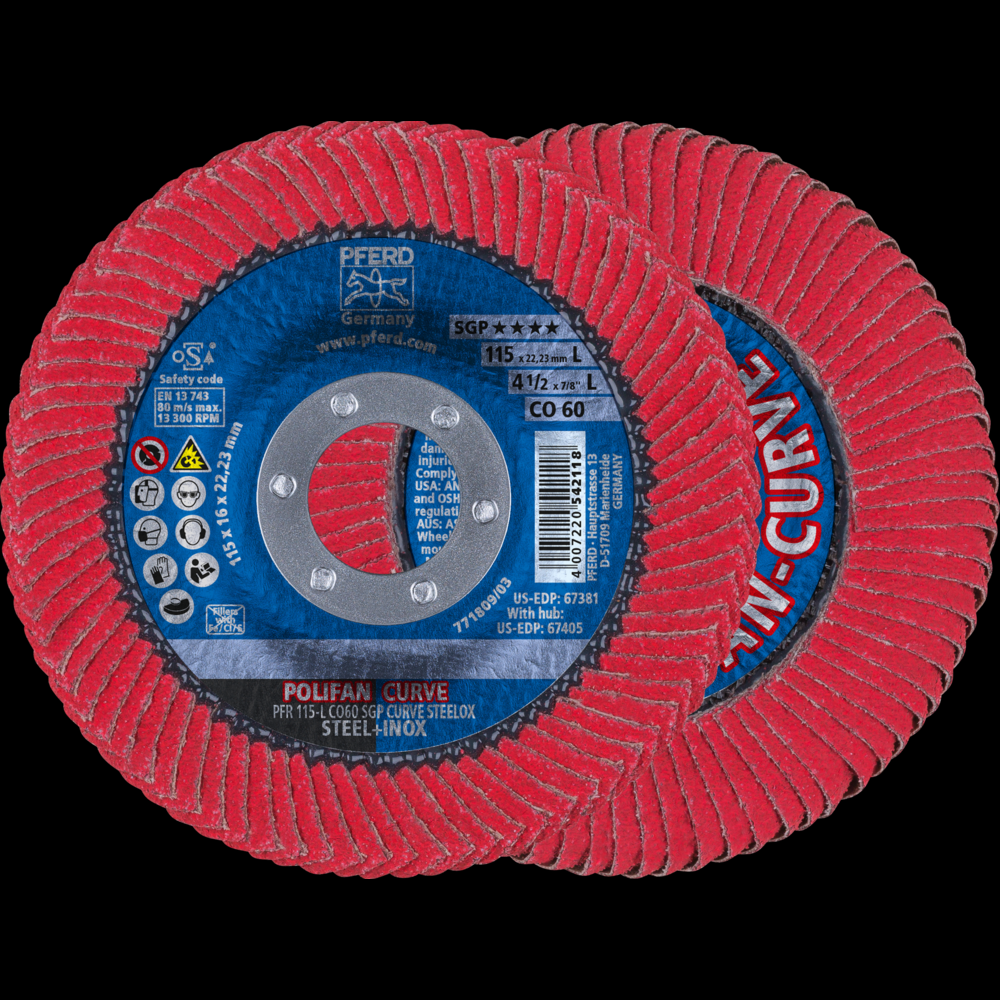 PFERD Flap Disc, 4-1/2&#34; x 7/8, CO SGP CURVE STEELOX,60 Grit,Large Radius,Ceramic oxide<span class=' ItemWarning' style='display:block;'>Item is usually in stock, but we&#39;ll be in touch if there&#39;s a problem<br /></span>