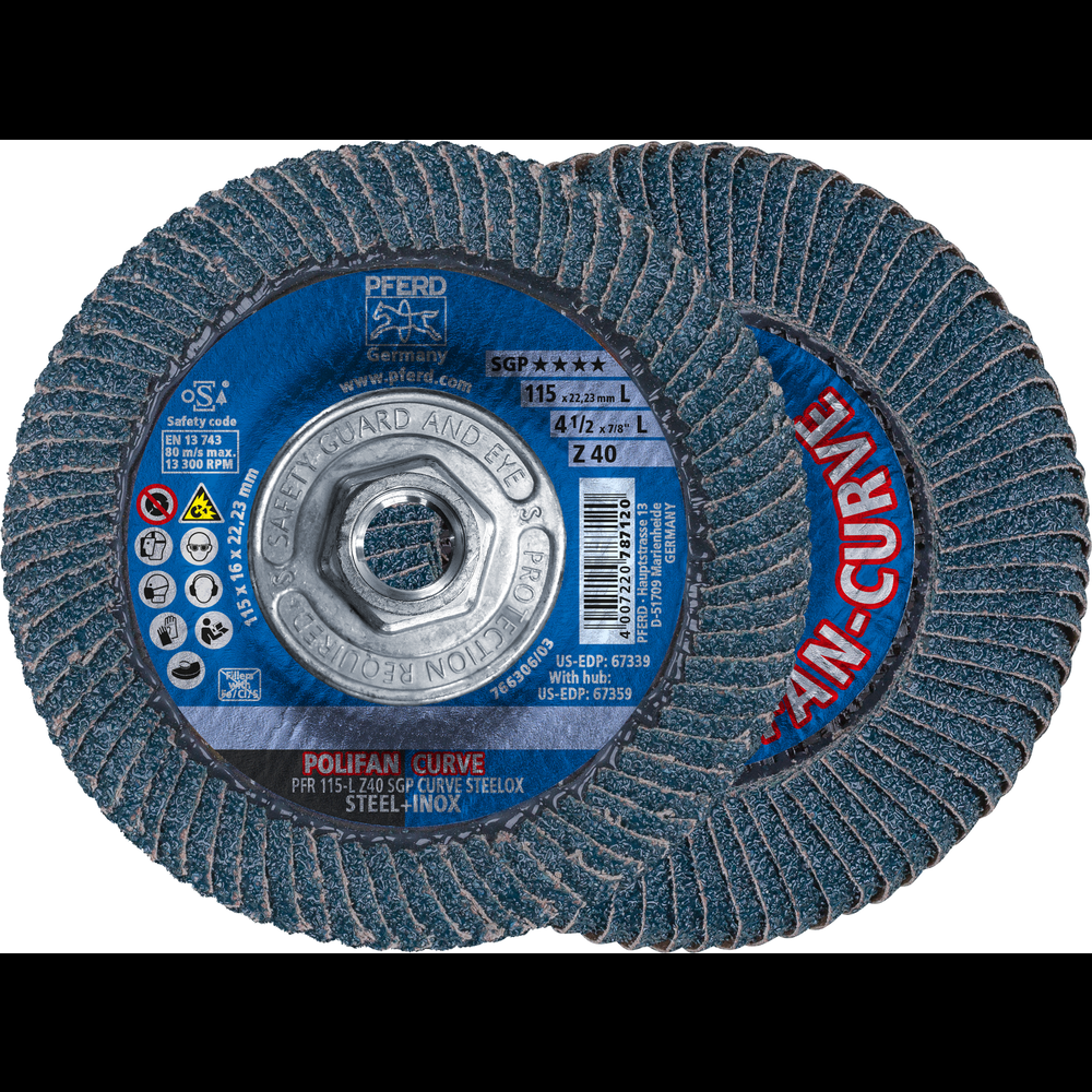 PFERD Flap Disc, 4-1/2&#34; x 5/8-11, Z SGP CURVE STEELOX, 40 Grit, Large Radius, Zirconia<span class=' ItemWarning' style='display:block;'>Item is usually in stock, but we&#39;ll be in touch if there&#39;s a problem<br /></span>