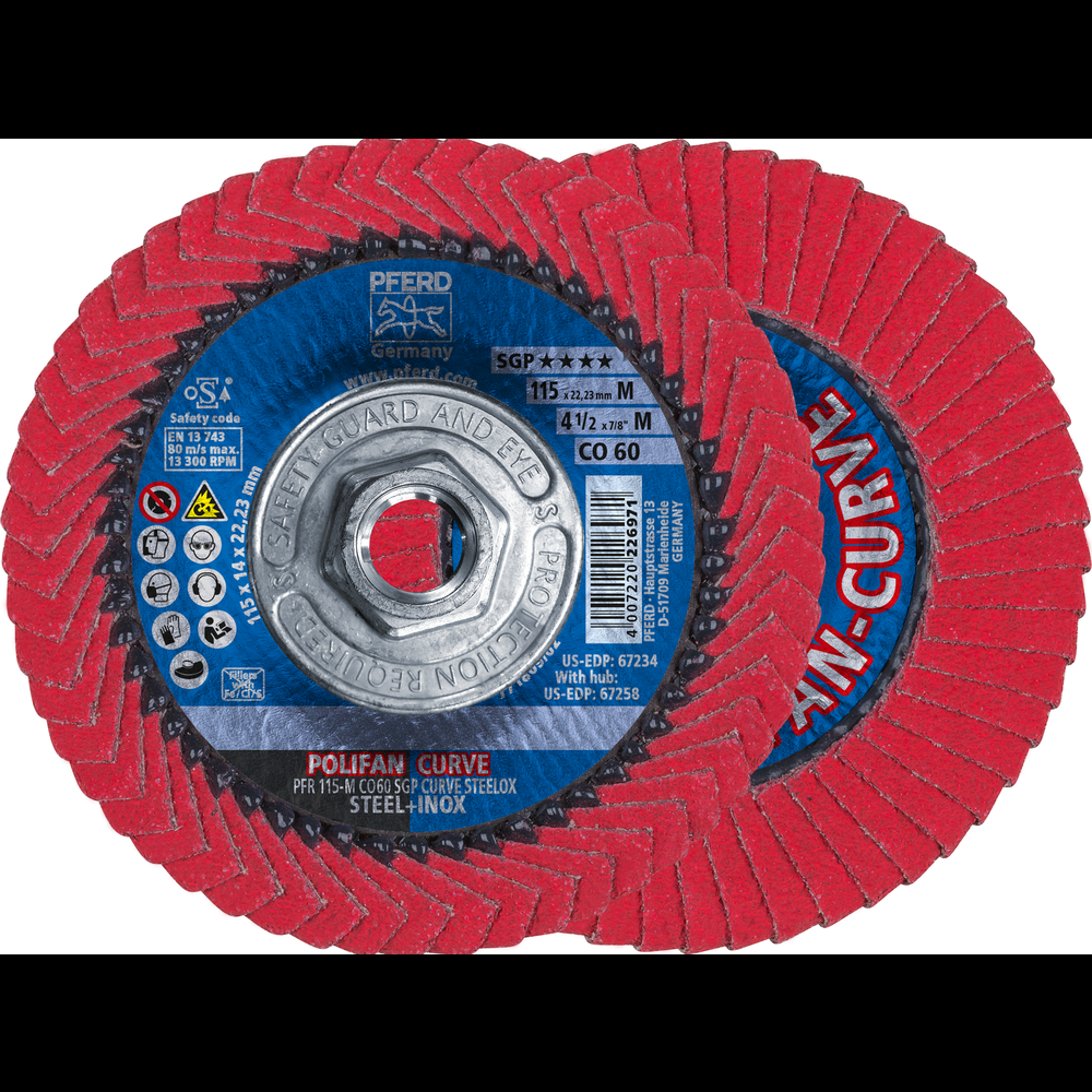 PFERD Flap Disc,4-1/2&#34;x5/8-11,CO SGP CURVE STEELOX,60 Grit,Medium Radius,Ceramic oxide<span class=' ItemWarning' style='display:block;'>Item is usually in stock, but we&#39;ll be in touch if there&#39;s a problem<br /></span>