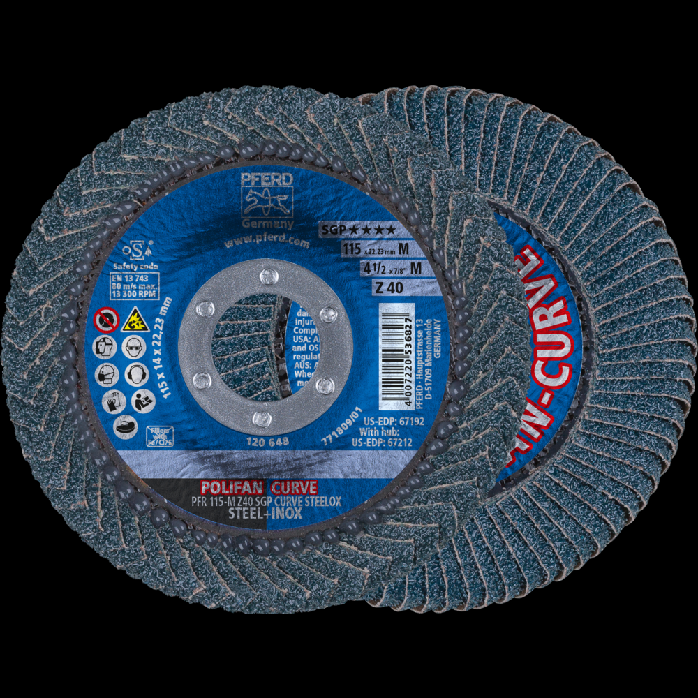 PFERD Flap Disc, 4-1/2&#34; x 7/8, Z SGP CURVE STEELOX, 40 Grit, Medium Radius, Zirconia<span class=' ItemWarning' style='display:block;'>Item is usually in stock, but we&#39;ll be in touch if there&#39;s a problem<br /></span>