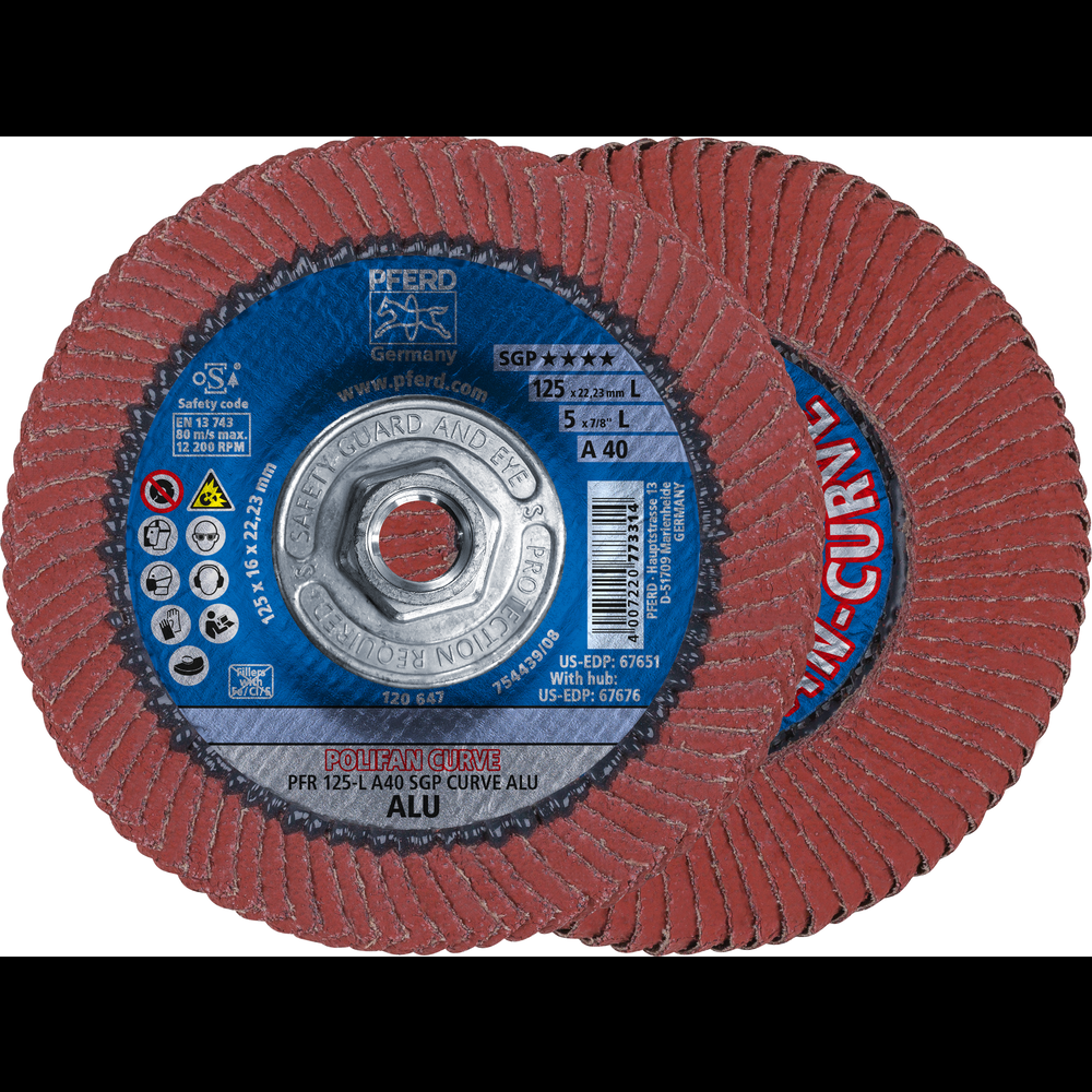 PFERD Flap Disc, 5&#34; x 5/8-11, A SGP CURVE ALU, 40 Grit, Large Radius, Aluminum oxide<span class=' ItemWarning' style='display:block;'>Item is usually in stock, but we&#39;ll be in touch if there&#39;s a problem<br /></span>