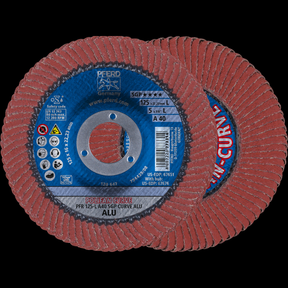 PFERD Flap Disc, 5&#34; x 7/8, CO SGP CURVE STEELOX, 60 Grit, Large Radius, Ceramic oxide<span class=' ItemWarning' style='display:block;'>Item is usually in stock, but we&#39;ll be in touch if there&#39;s a problem<br /></span>