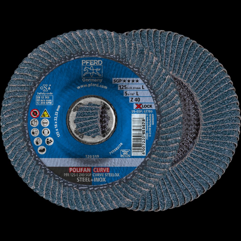 PFERD Flap Disc, 5&#34;, X-LOCK, Z SGP CURVE STEELOX, 40 Grit, Large Radius, Zirconia<span class=' ItemWarning' style='display:block;'>Item is usually in stock, but we&#39;ll be in touch if there&#39;s a problem<br /></span>