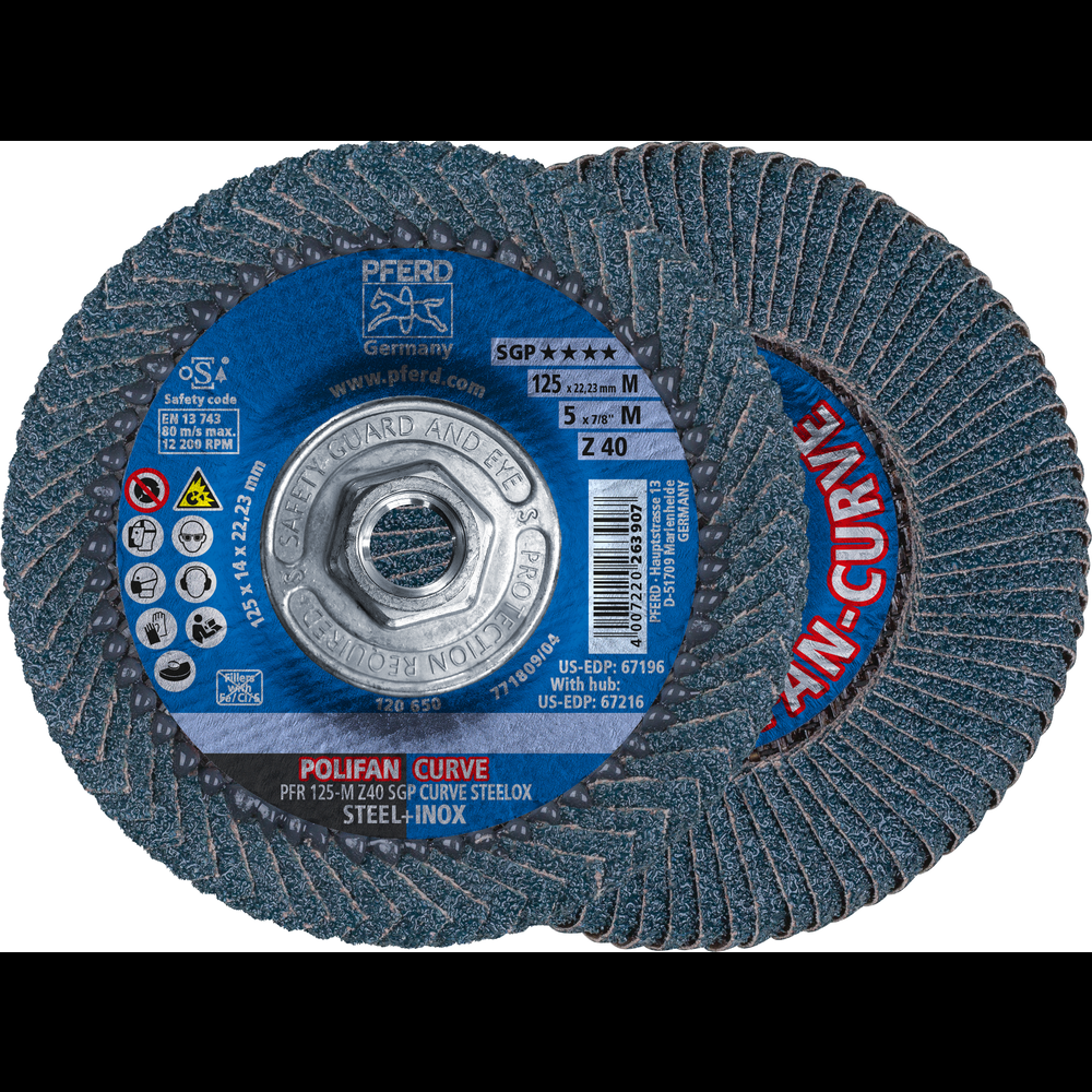 PFERD Flap Disc, 5&#34; x 5/8-11, Z SGP CURVE STEELOX, 40 Grit, Medium Radius, Zirconia<span class=' ItemWarning' style='display:block;'>Item is usually in stock, but we&#39;ll be in touch if there&#39;s a problem<br /></span>