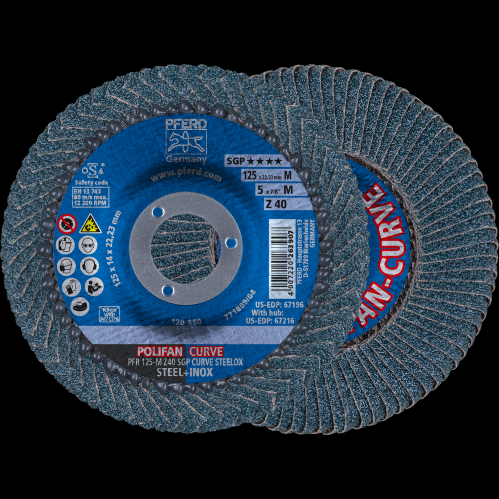 PFERD Flap Disc, 5&#34; x 7/8, Z SGP CURVE STEELOX, 40 Grit, Medium Radius, Zirconia<span class=' ItemWarning' style='display:block;'>Item is usually in stock, but we&#39;ll be in touch if there&#39;s a problem<br /></span>