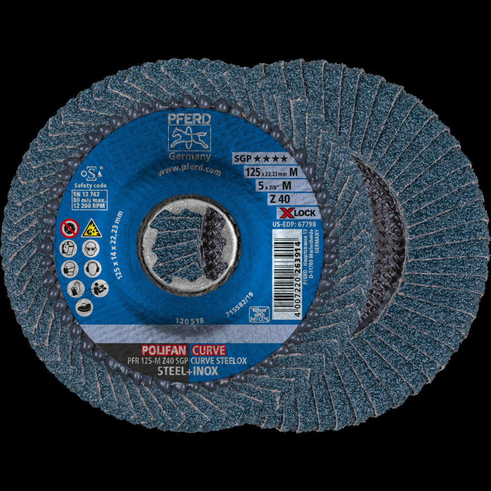 PFERD Flap Disc, 5&#34;, X-LOCK, Z SGP CURVE STEELOX, 40 Grit, Medium Radius, Zirconia<span class=' ItemWarning' style='display:block;'>Item is usually in stock, but we&#39;ll be in touch if there&#39;s a problem<br /></span>