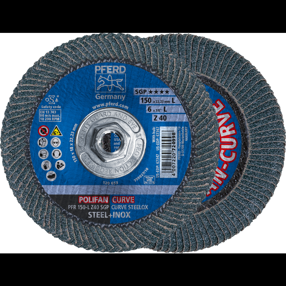 PFERD Flap Disc, 6&#34; x 5/8-11, Z SGP CURVE STEELOX, 40 Grit, Large Radius, Zirconia<span class=' ItemWarning' style='display:block;'>Item is usually in stock, but we&#39;ll be in touch if there&#39;s a problem<br /></span>