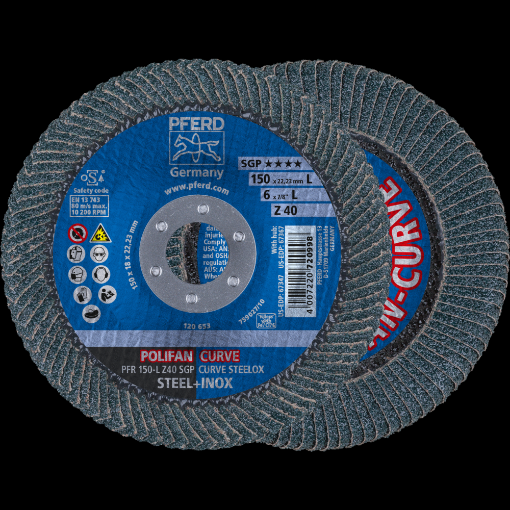 PFERD Flap Disc, 6&#34; x 7/8, Z SGP CURVE STEELOX, 40 Grit, Large Radius, Zirconia<span class=' ItemWarning' style='display:block;'>Item is usually in stock, but we&#39;ll be in touch if there&#39;s a problem<br /></span>