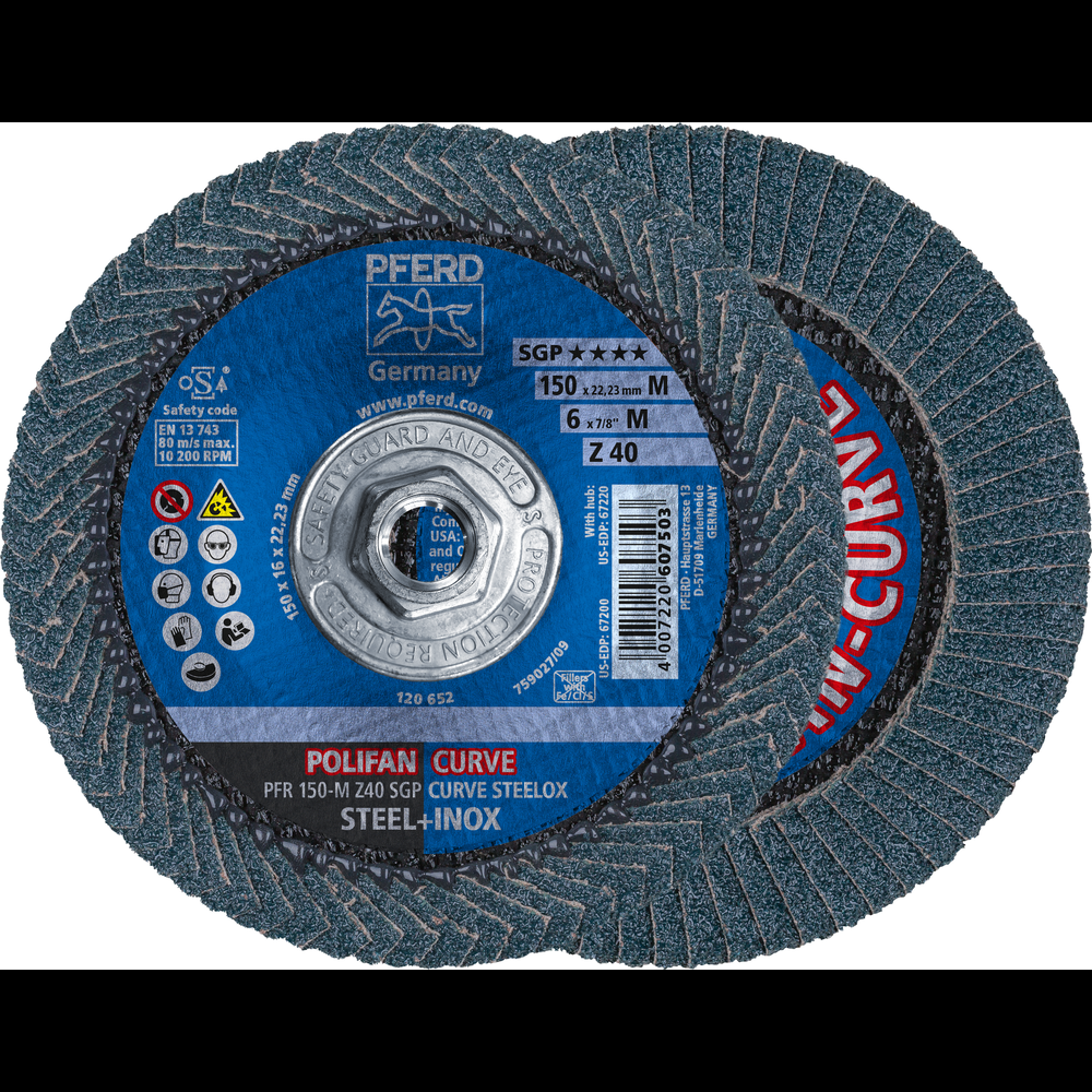 PFERD Flap Disc, 6&#34; x 5/8-11, Z SGP CURVE STEELOX, 40 Grit, Medium Radius, Zirconia<span class=' ItemWarning' style='display:block;'>Item is usually in stock, but we&#39;ll be in touch if there&#39;s a problem<br /></span>