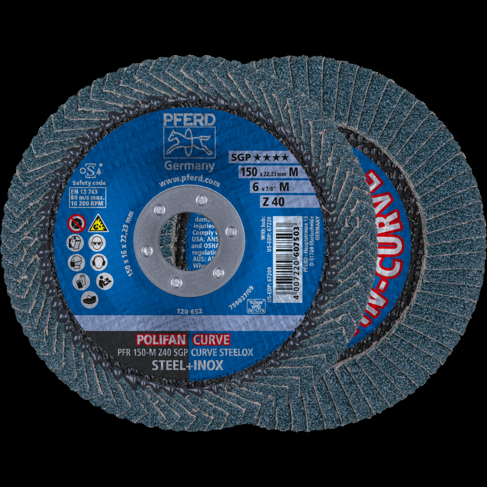 PFERD Flap Disc, 6&#34; x 7/8, Z SGP CURVE STEELOX, 40 Grit, Medium Radius, Zirconia<span class=' ItemWarning' style='display:block;'>Item is usually in stock, but we&#39;ll be in touch if there&#39;s a problem<br /></span>