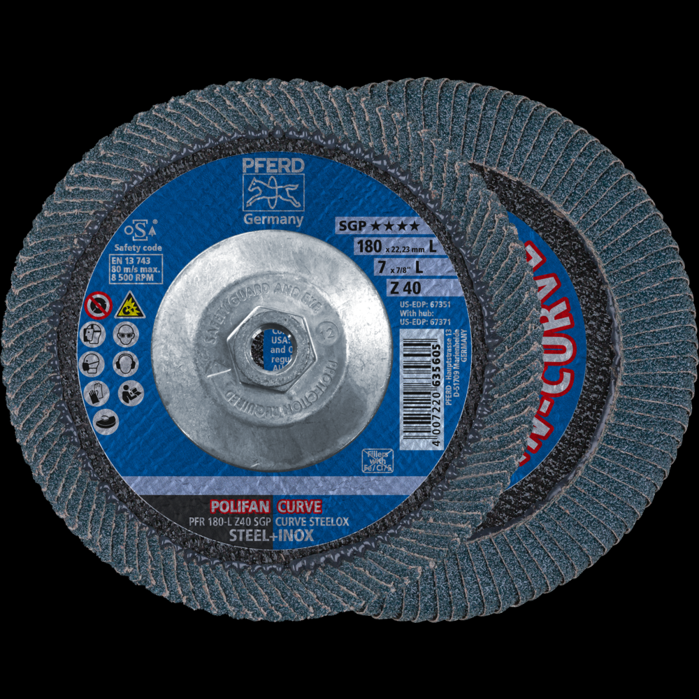 PFERD Flap Disc, 7&#34; x 5/8-11, Z SGP CURVE STEELOX, 40 Grit, Large Radius, Zirconia<span class=' ItemWarning' style='display:block;'>Item is usually in stock, but we&#39;ll be in touch if there&#39;s a problem<br /></span>