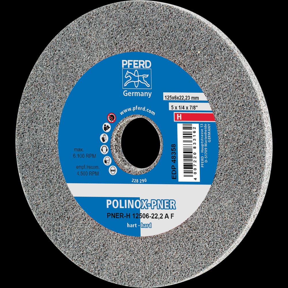 PFERD POLINOX® Unitized Wheel, 5&#34; x 1/4 x 7/8, Fine, Hard, 8AM, Aluminum oxide<span class=' ItemWarning' style='display:block;'>Item is usually in stock, but we&#39;ll be in touch if there&#39;s a problem<br /></span>