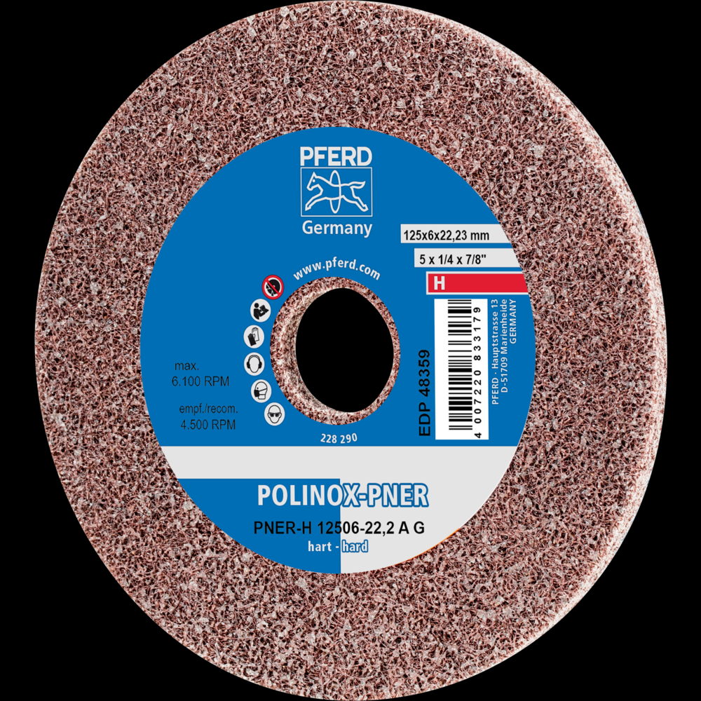 PFERD POLINOX® Unitized Wheel, 5&#34; x 1/4 x 7/8, Coarse, Hard, 8AC, Aluminum oxide<span class=' ItemWarning' style='display:block;'>Item is usually in stock, but we&#39;ll be in touch if there&#39;s a problem<br /></span>