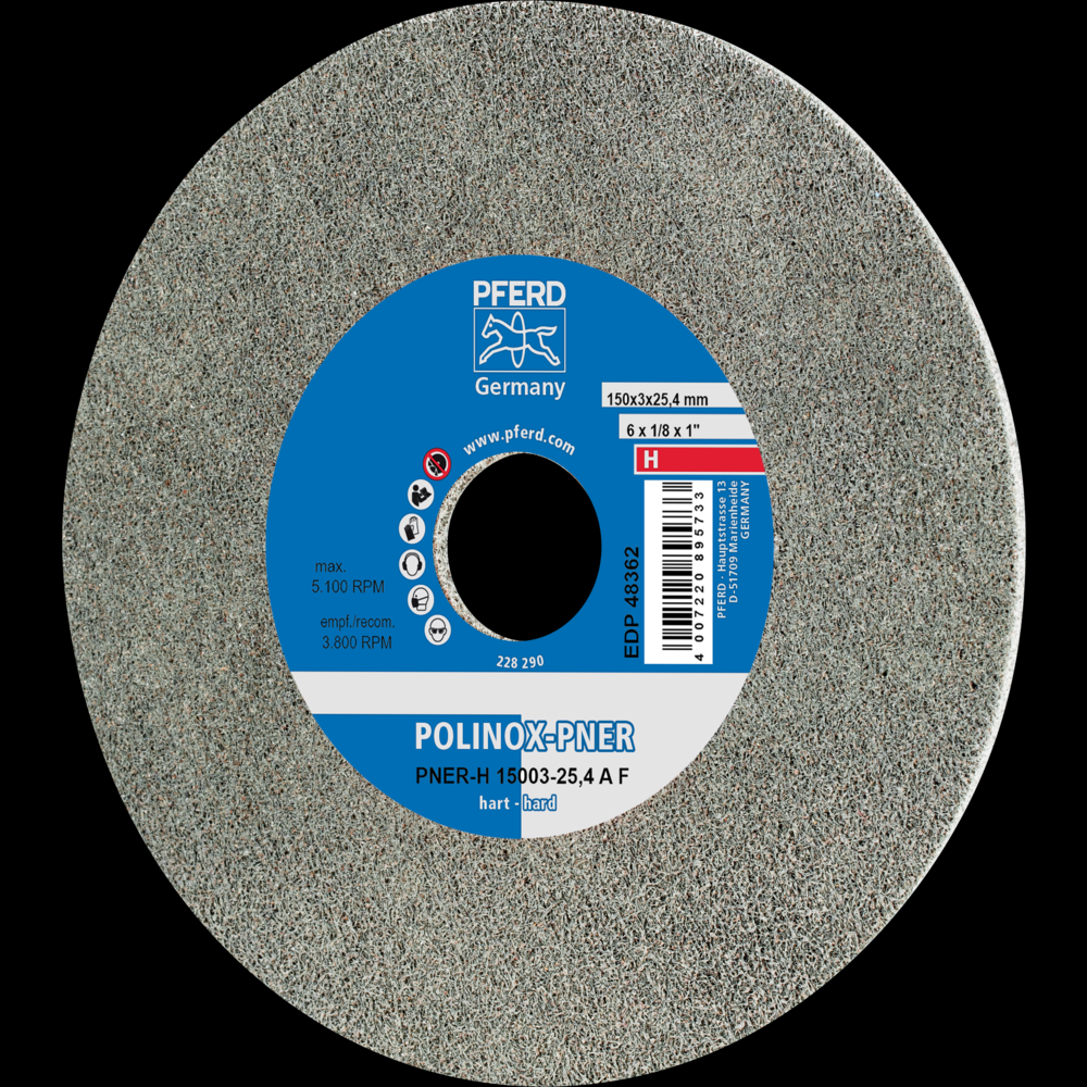 PFERD POLINOX® Unitized Wheel, 6&#34; x 1/8 x 1, Fine, Hard, 8AM, Aluminum oxide<span class=' ItemWarning' style='display:block;'>Item is usually in stock, but we&#39;ll be in touch if there&#39;s a problem<br /></span>