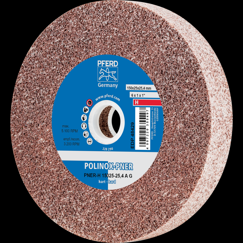 PFERD POLINOX® Unitized Wheel, 6&#34; x 1 x 1, Coarse, Hard, 8AC, Aluminum oxide<span class=' ItemWarning' style='display:block;'>Item is usually in stock, but we&#39;ll be in touch if there&#39;s a problem<br /></span>