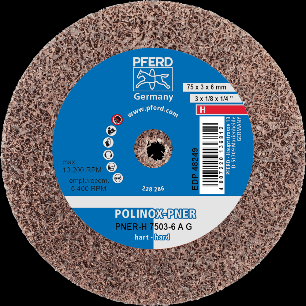 PFERD POLINOX® Unitized Wheel, 3&#34; x 1/8 x 1/4, Coarse, Hard, 8AC, Aluminum oxide<span class=' ItemWarning' style='display:block;'>Item is usually in stock, but we&#39;ll be in touch if there&#39;s a problem<br /></span>