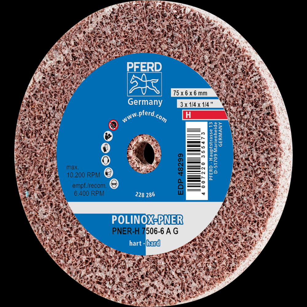 PFERD POLINOX® Unitized Wheel, 3&#34; x 1/4 x 1/4, Coarse, Medium-Hard, 8AC,Aluminum oxide<span class=' ItemWarning' style='display:block;'>Item is usually in stock, but we&#39;ll be in touch if there&#39;s a problem<br /></span>