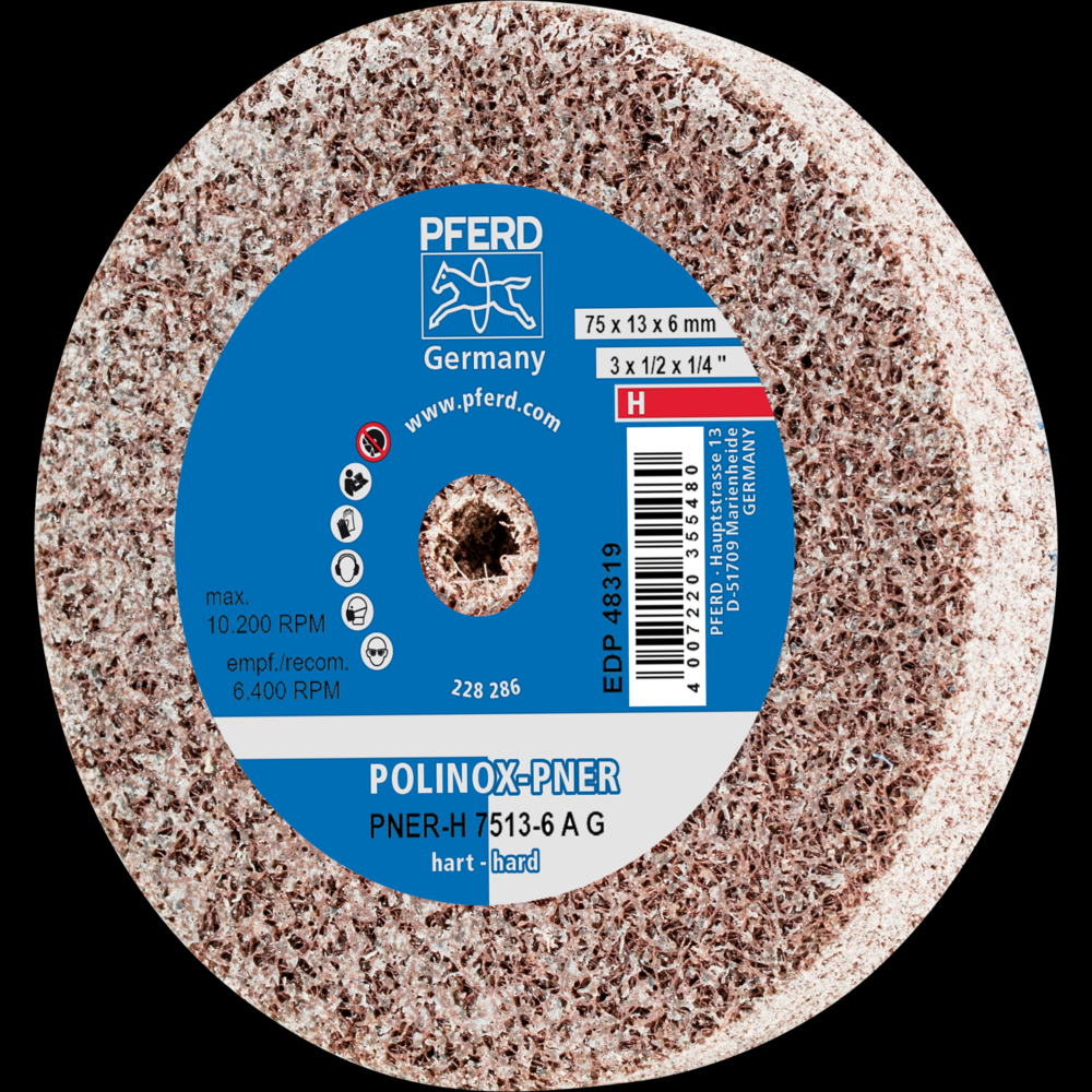 PFERD POLINOX® Unitized Wheel, 3&#34; x 1/2 x 1/4, Coarse, Hard, 8AC, Aluminum oxide<span class=' ItemWarning' style='display:block;'>Item is usually in stock, but we&#39;ll be in touch if there&#39;s a problem<br /></span>