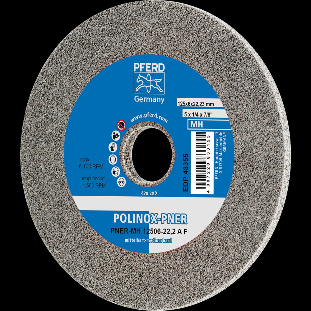 PFERD POLINOX® Unitized Wheel, 5&#34; x 1/4 x 7/8, Fine, Medium-Hard, 6AF, Aluminum oxide<span class=' ItemWarning' style='display:block;'>Item is usually in stock, but we&#39;ll be in touch if there&#39;s a problem<br /></span>