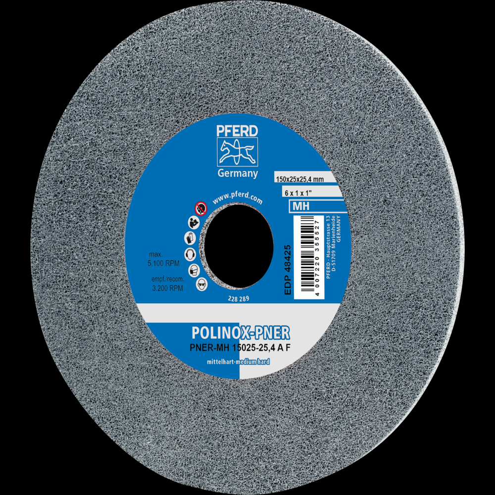 PFERD POLINOX® Unitized Wheel, 6&#34; x 1/8 x 1, Fine, Medium-Hard, 3SF, Silicon carbide<span class=' ItemWarning' style='display:block;'>Item is usually in stock, but we&#39;ll be in touch if there&#39;s a problem<br /></span>