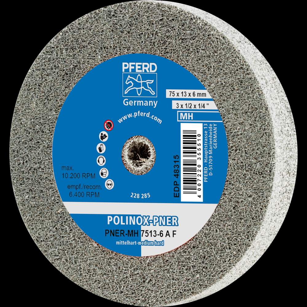 PFERD POLINOX® Unitized Wheel, 3&#34; x 1/2 x 1/4, Fine, Medium-Hard, 6AF, Aluminum oxide<span class=' ItemWarning' style='display:block;'>Item is usually in stock, but we&#39;ll be in touch if there&#39;s a problem<br /></span>