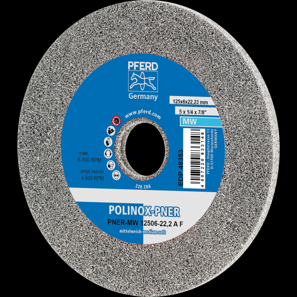 PFERD POLINOX® Unitized Wheel, 5&#34; x 1/4 x 7/8, Fine, Soft, 3AF, Aluminum oxide<span class=' ItemWarning' style='display:block;'>Item is usually in stock, but we&#39;ll be in touch if there&#39;s a problem<br /></span>