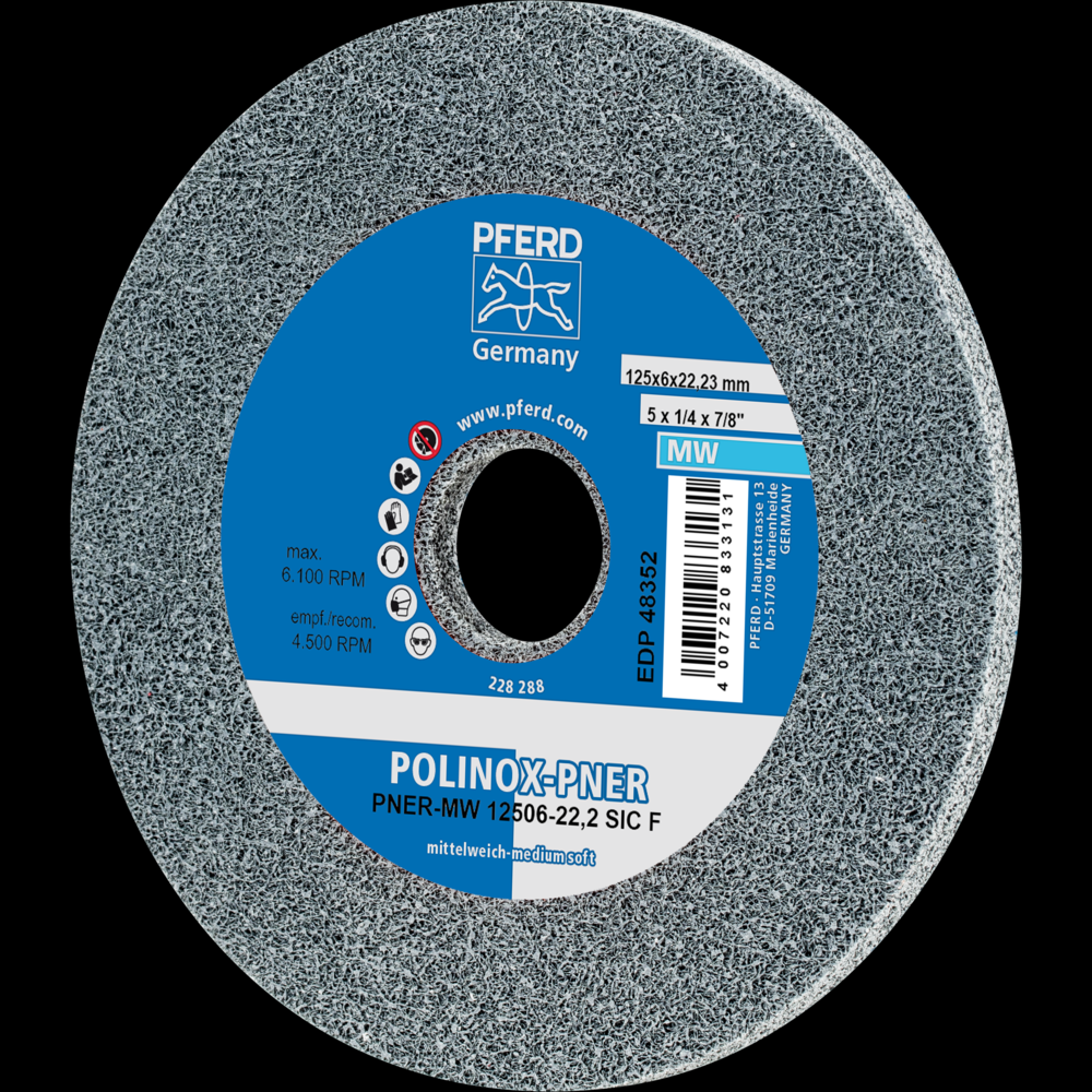 PFERD POLINOX® Unitized Wheel, 5&#34; x 1/4 x 7/8, Fine, Soft, 3SF, Silicon carbide<span class=' ItemWarning' style='display:block;'>Item is usually in stock, but we&#39;ll be in touch if there&#39;s a problem<br /></span>