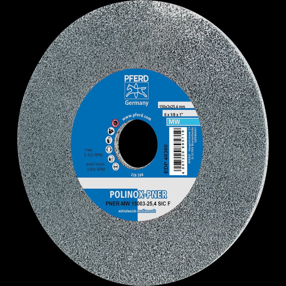 PFERD POLINOX® Unitized Wheel, 6&#34; x 1/8 x 1, Fine, Medium-Soft, 3SF, Silicon carbide<span class=' ItemWarning' style='display:block;'>Item is usually in stock, but we&#39;ll be in touch if there&#39;s a problem<br /></span>