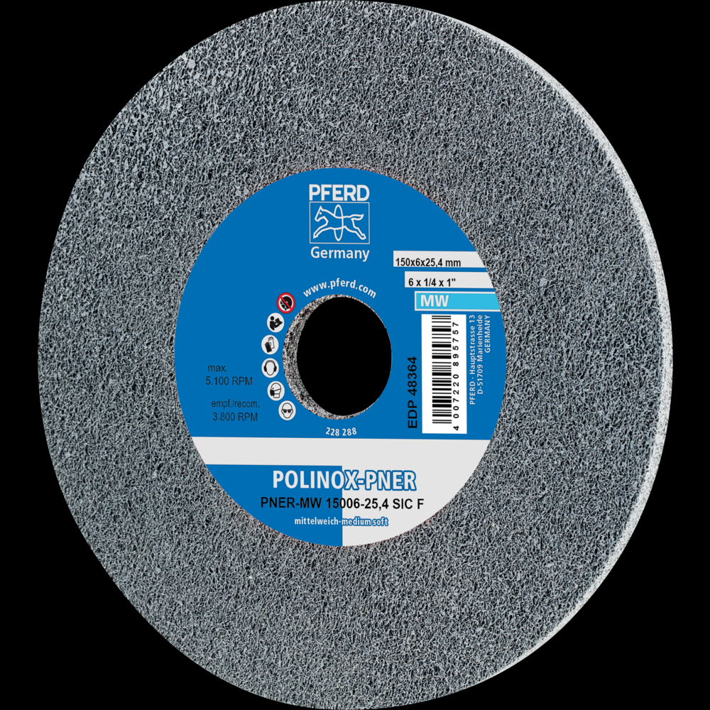 PFERD POLINOX® Unitized Wheel, 6&#34; x 1/4 x 1, Fine, Soft, 3SF, Silicon carbide<span class=' ItemWarning' style='display:block;'>Item is usually in stock, but we&#39;ll be in touch if there&#39;s a problem<br /></span>