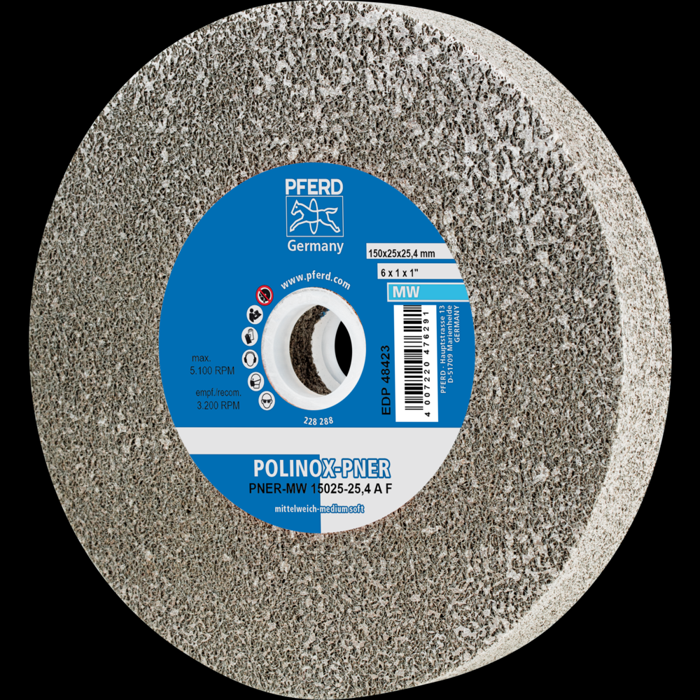 PFERD POLINOX® Unitized Wheel, 6&#34; x 1 x 1, Fine, Soft, 3AF, Aluminum oxide<span class=' ItemWarning' style='display:block;'>Item is usually in stock, but we&#39;ll be in touch if there&#39;s a problem<br /></span>