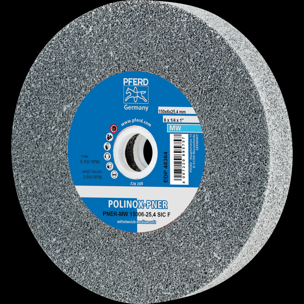 PFERD POLINOX® Unitized Wheel, 6&#34; x 1 x 1, Fine, Soft, 3SF, Silicon carbide<span class=' ItemWarning' style='display:block;'>Item is usually in stock, but we&#39;ll be in touch if there&#39;s a problem<br /></span>