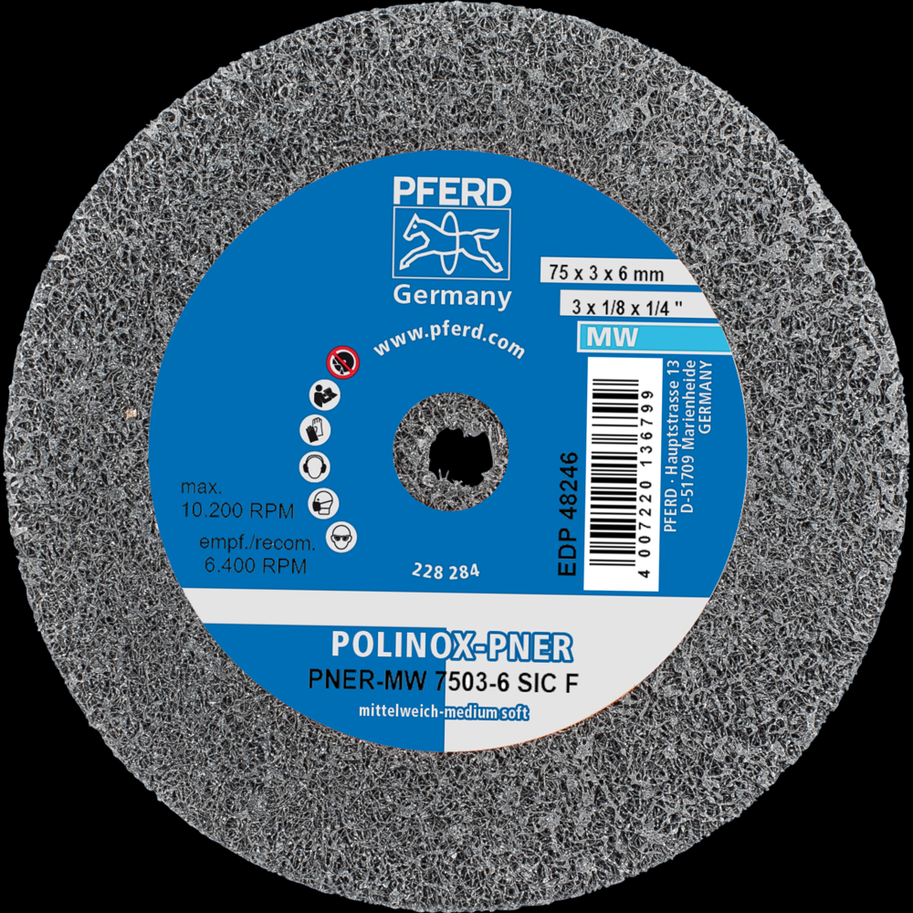 PFERD POLINOX® Unitized Wheel, 3&#34; x 1/8 x 1/4, Fine, Medium-Soft, 3SF, Silicon carbide<span class=' ItemWarning' style='display:block;'>Item is usually in stock, but we&#39;ll be in touch if there&#39;s a problem<br /></span>